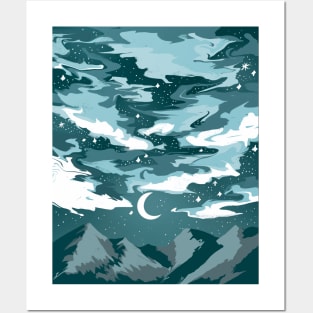 Teal cloudy sky above mountains with a crescent moon Posters and Art